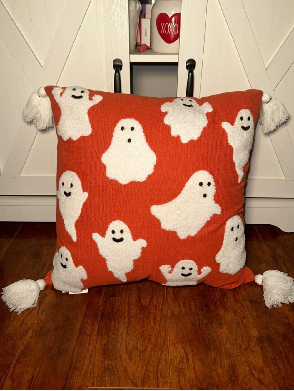 Festive Orange Ghost Holiday Pillow with Tassels
